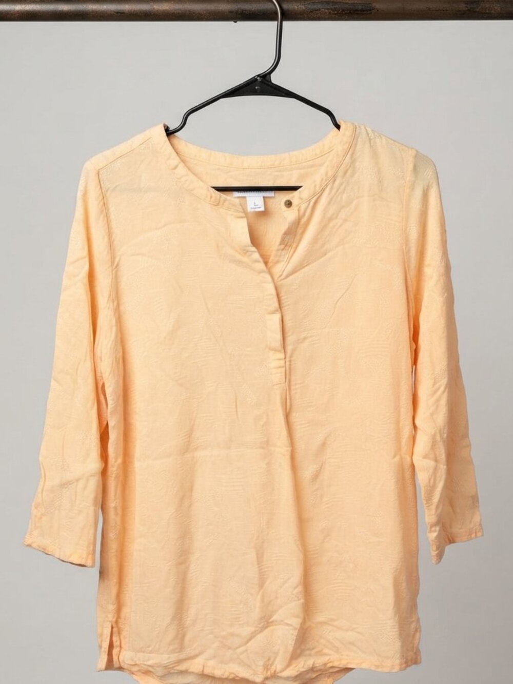 Liz Claiborne Peach Linen Blend Henley Blouse 3/4 Sleeve Textured Top Size L